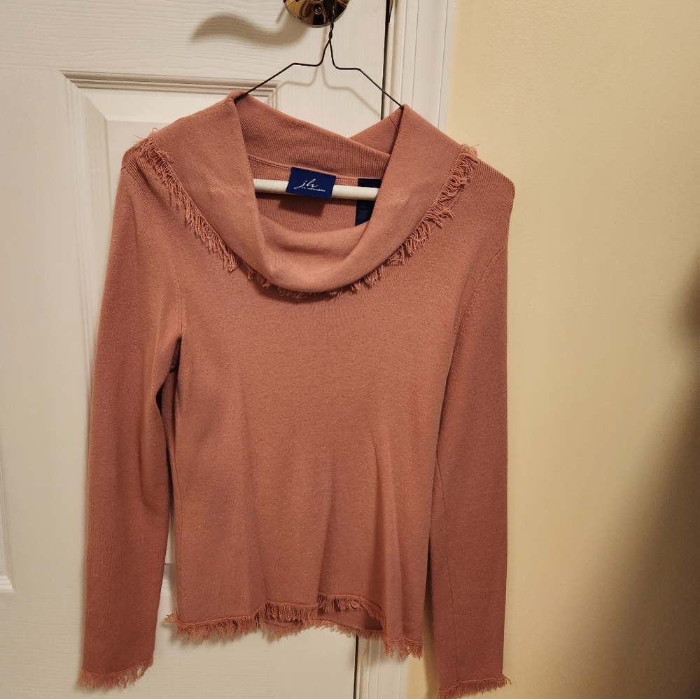 JH Collectibles pink cowl neck sweater with fringe, size Small